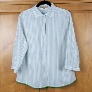 Alex Marie Green Lime Grey Stripe Wrinkle Free Stretch 3/4 Sleeve Shirt - 16